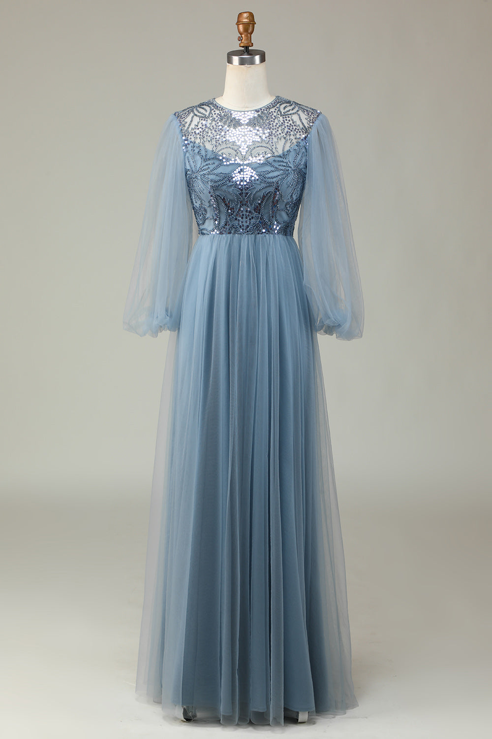 A Linie Grau Blau Pailletten Langärmeliges Brautjungfernkleid