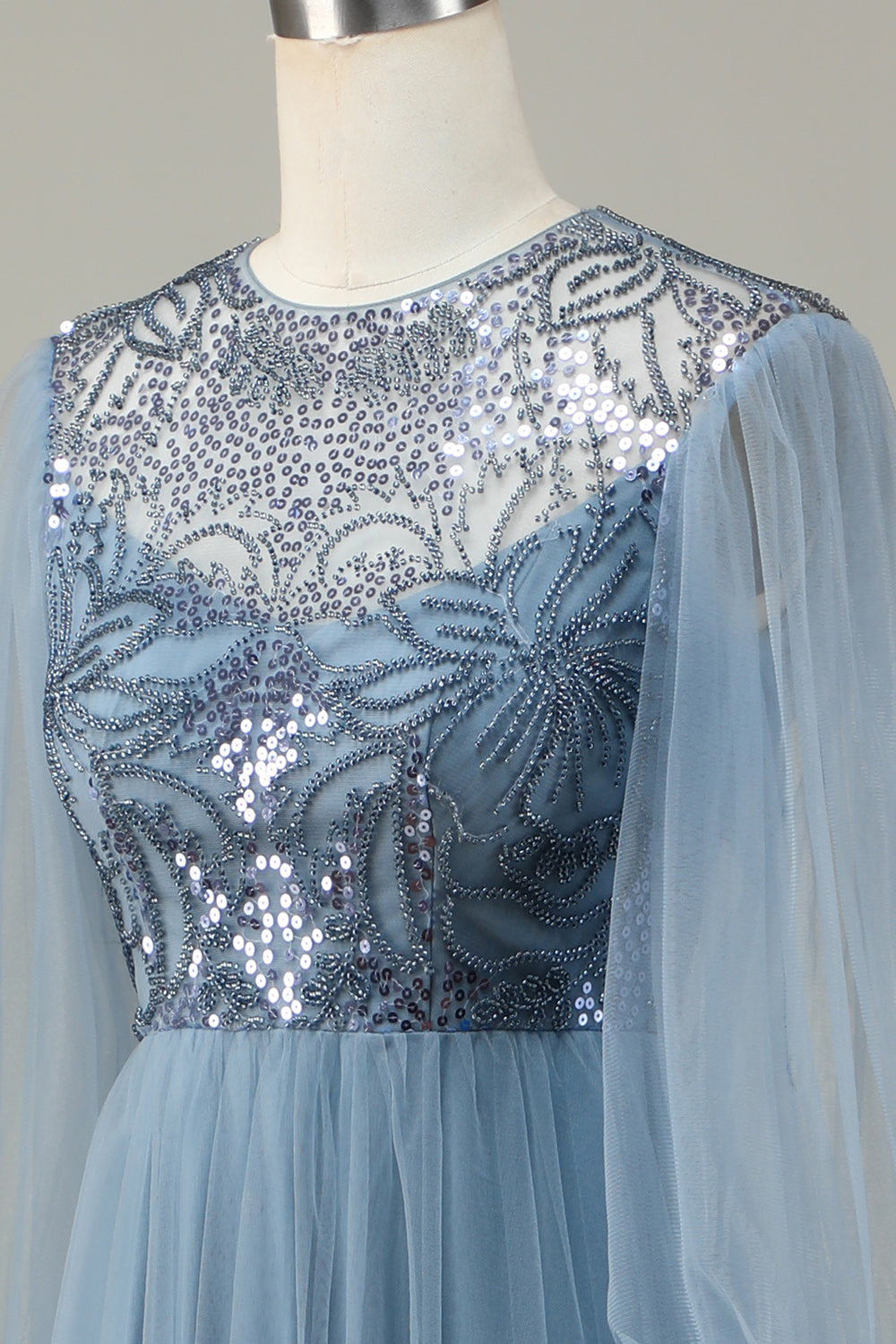 A Linie Grau Blau Pailletten Langärmeliges Brautjungfernkleid