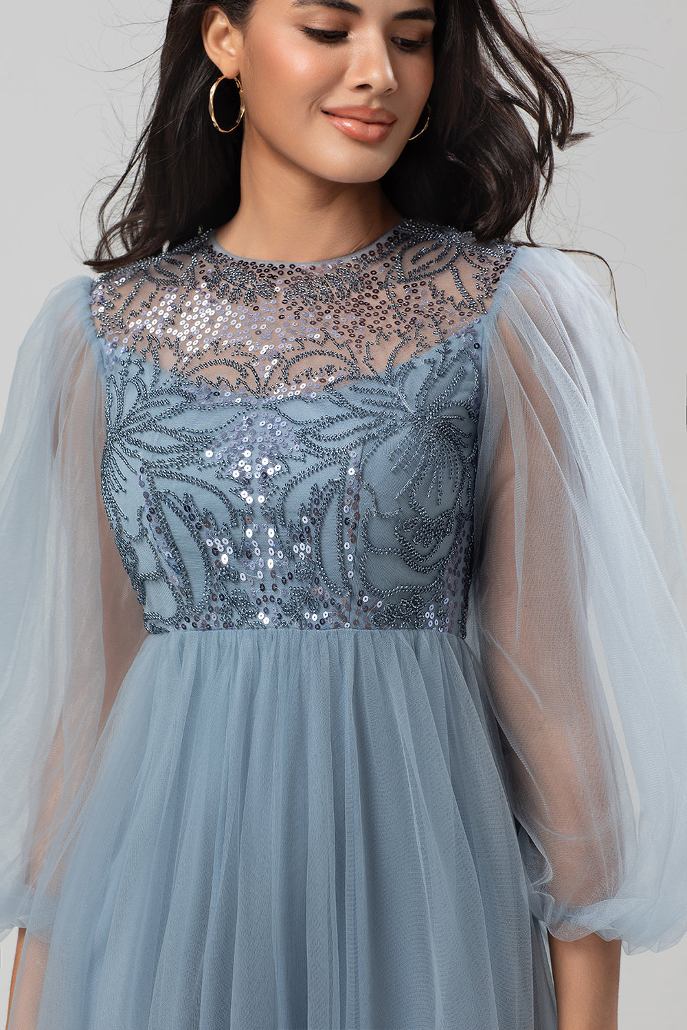A-Linien Juwelen-Hals Grau Blau Langes Brautjungfernkleid mit langen Ärmeln
