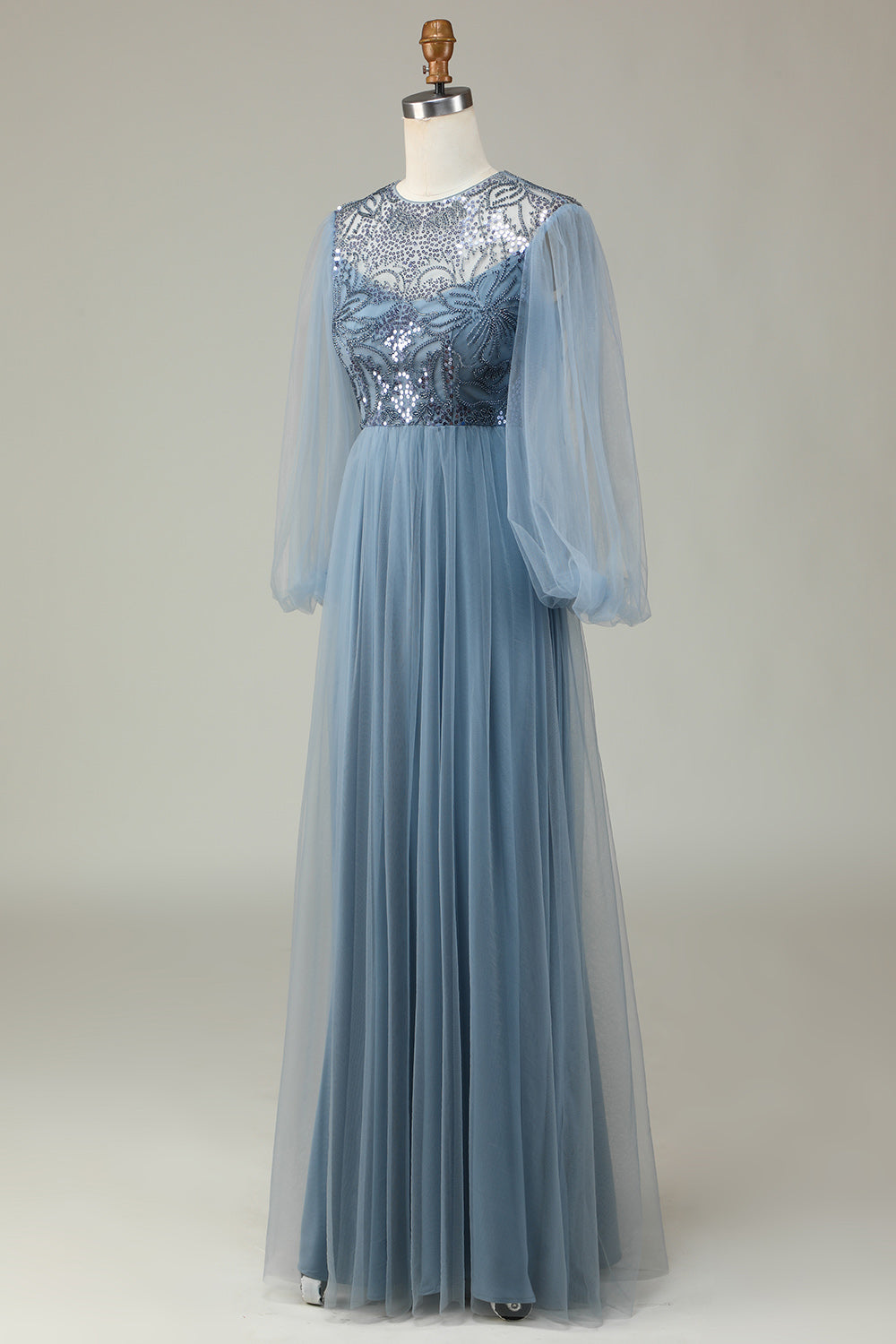 A Linie Grau Blau Pailletten Langärmeliges Brautjungfernkleid