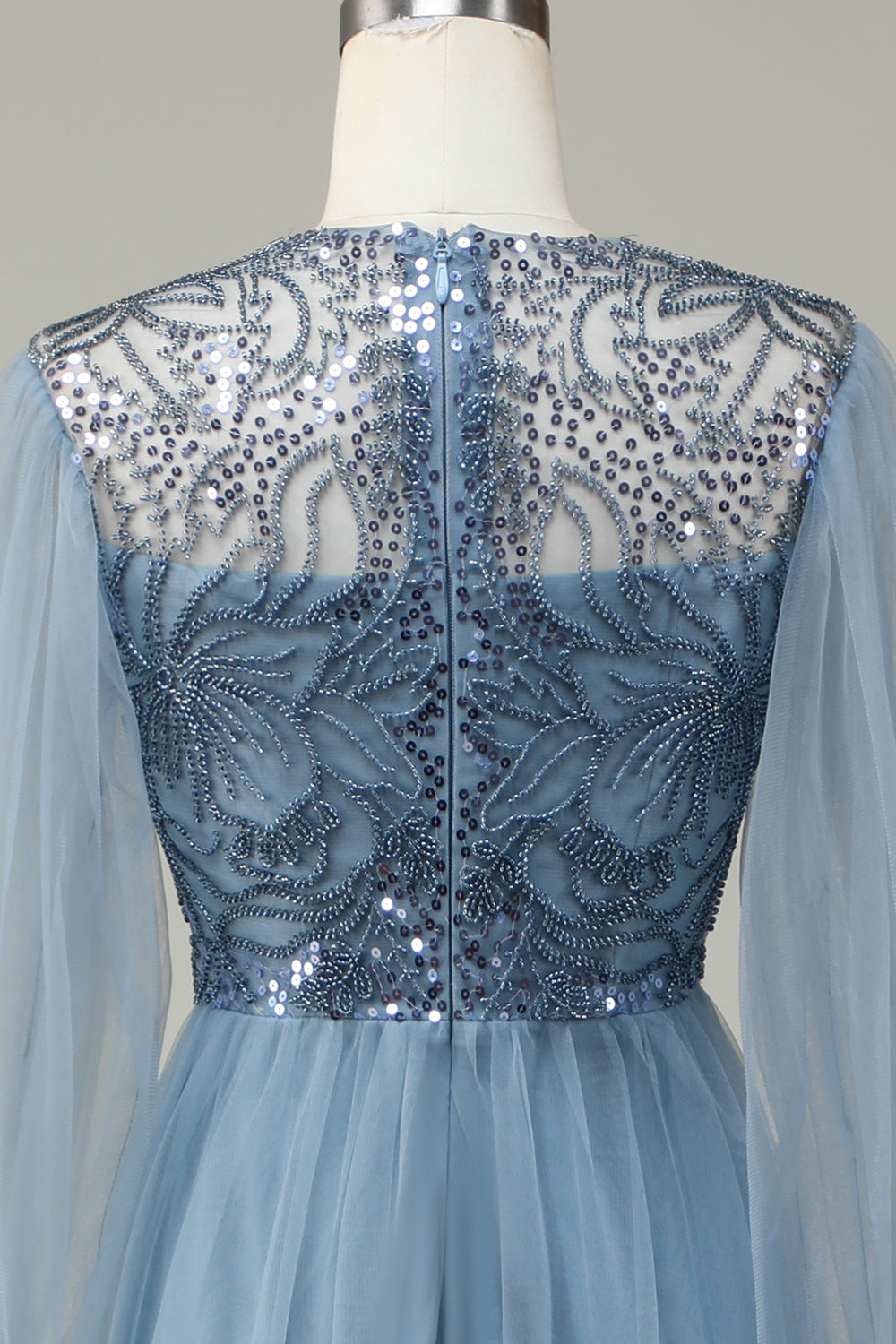A Linie Grau Blau Pailletten Langärmeliges Brautjungfernkleid