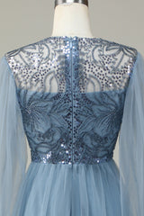A Linie Grau Blau Pailletten Langärmeliges Brautjungfernkleid