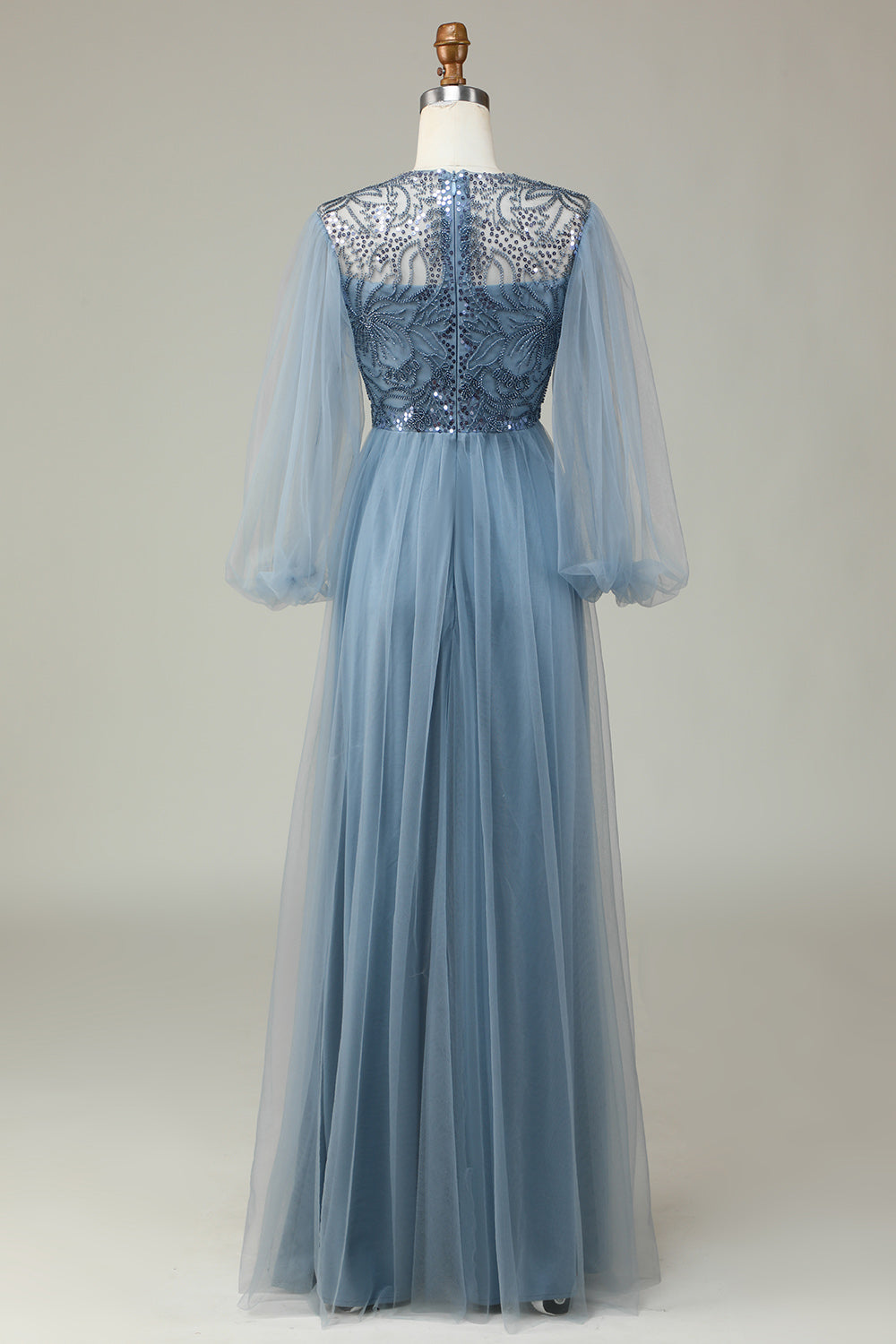 A Linie Grau Blau Pailletten Langärmeliges Brautjungfernkleid