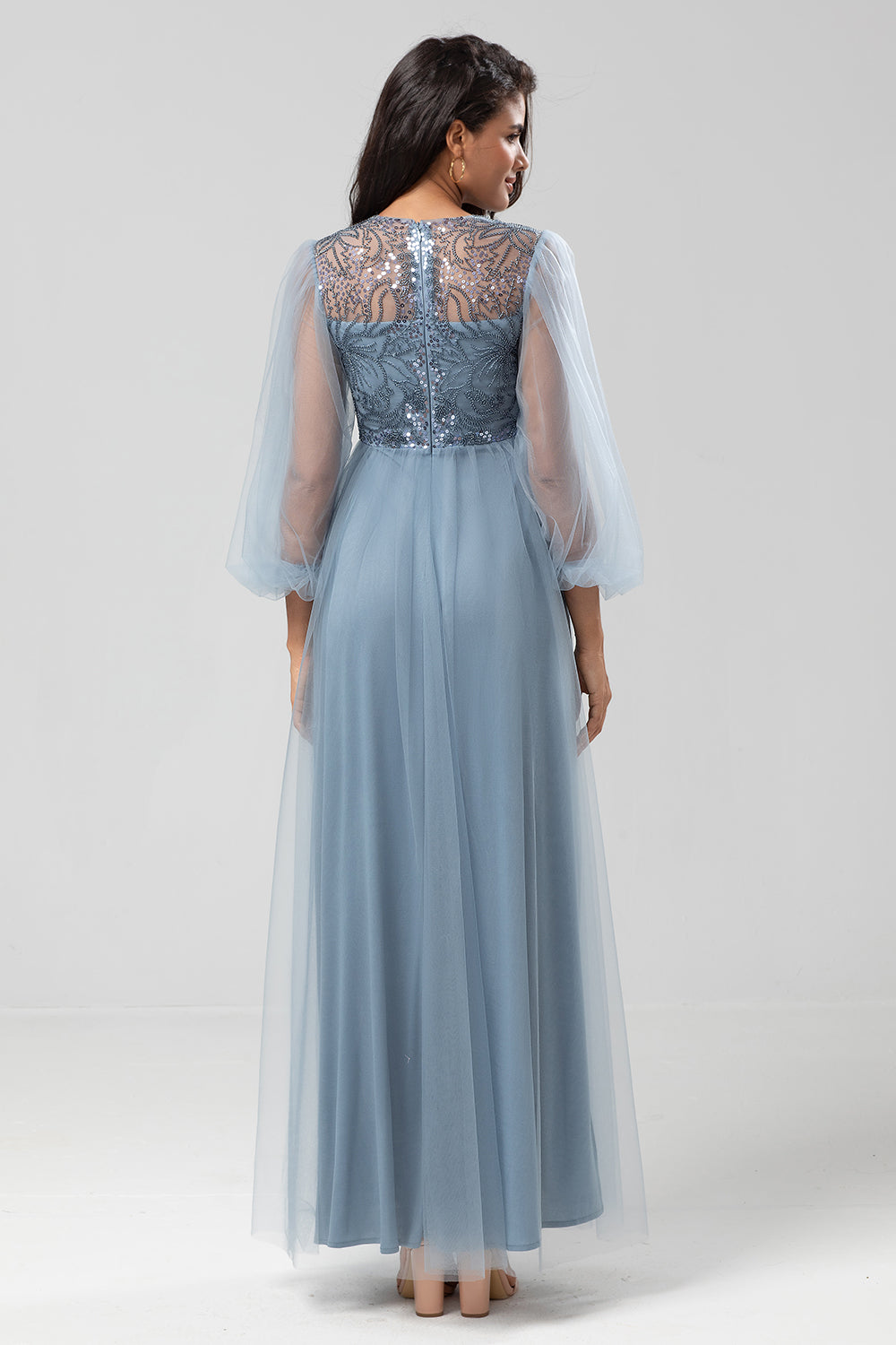 A-Linien Juwelen-Hals Grau Blau Langes Brautjungfernkleid mit langen Ärmeln