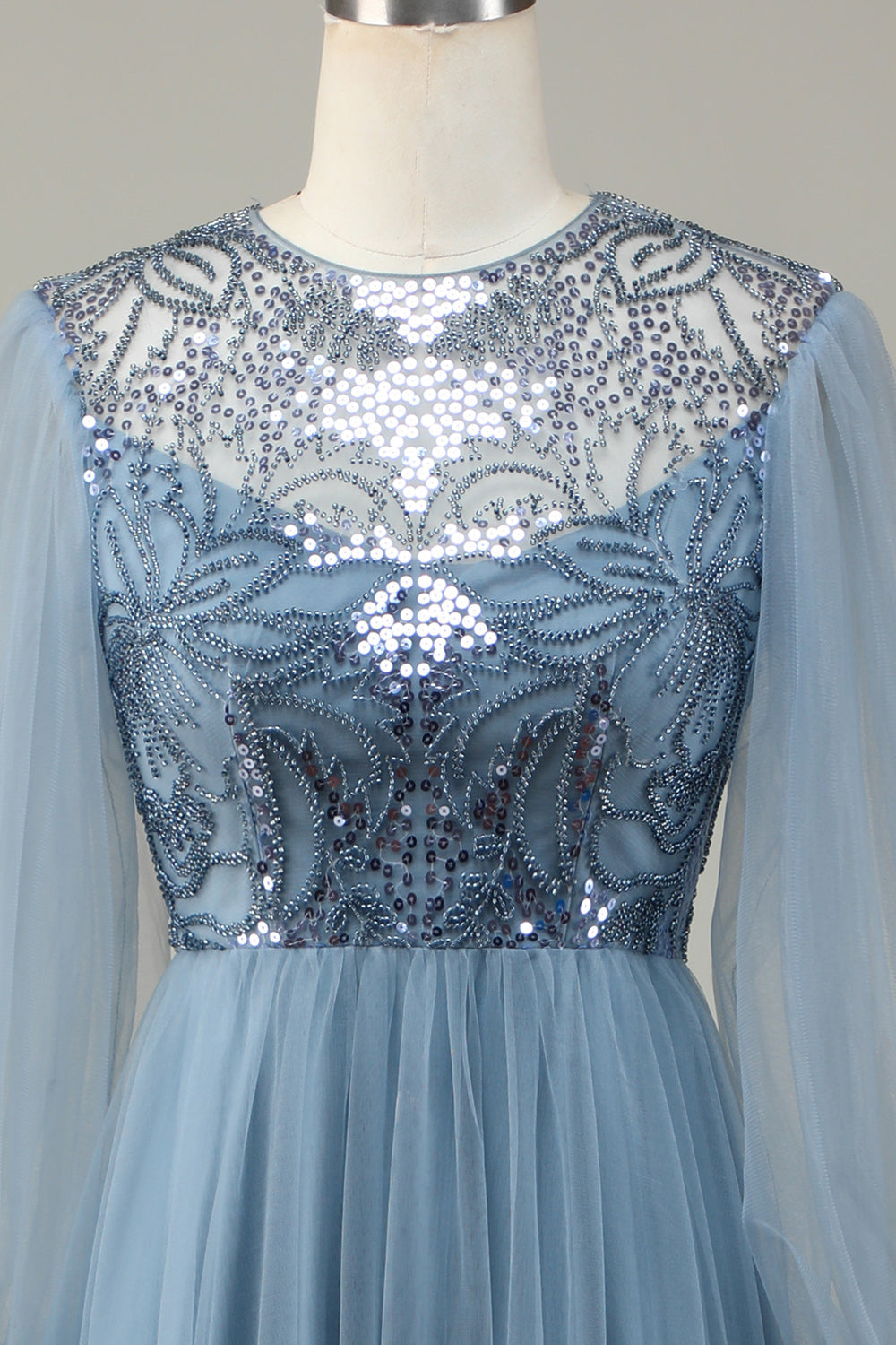 A Linie Grau Blau Pailletten Langärmeliges Brautjungfernkleid