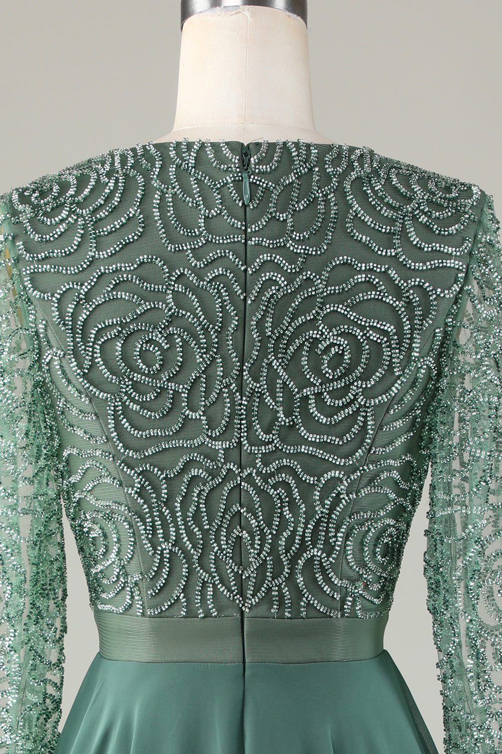 A Linie Eukalyptus V-Ausschnitt Perlen Langarm Brautjungfernkleid