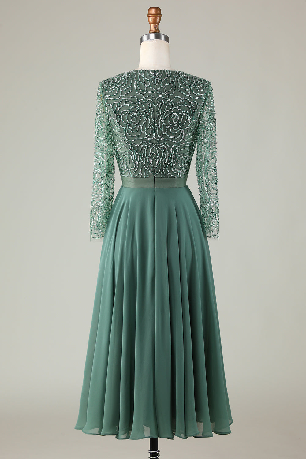 A Linie Eukalyptus V-Ausschnitt Perlen Langarm Brautjungfernkleid