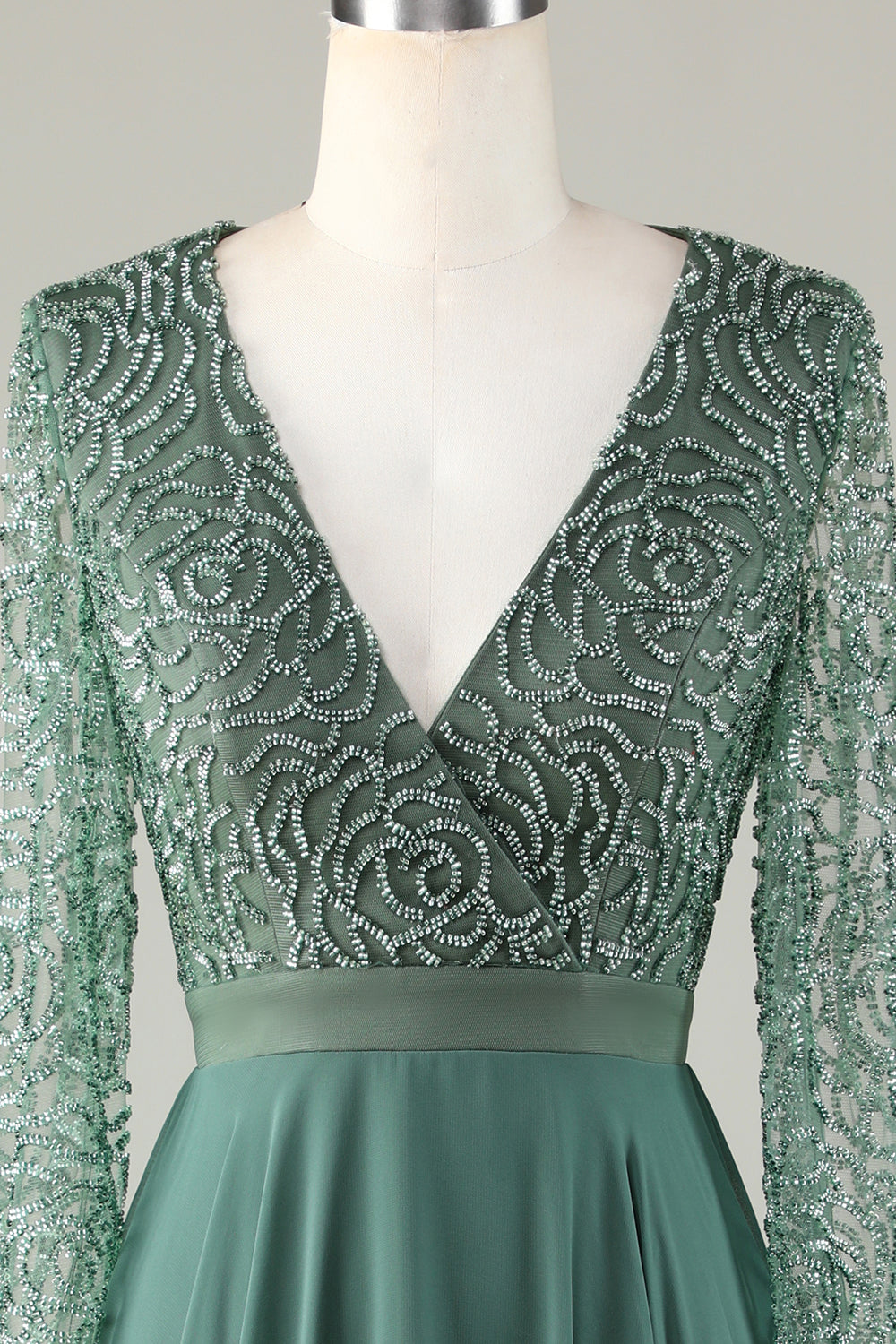 A Linie Eukalyptus V-Ausschnitt Perlen Langarm Brautjungfernkleid