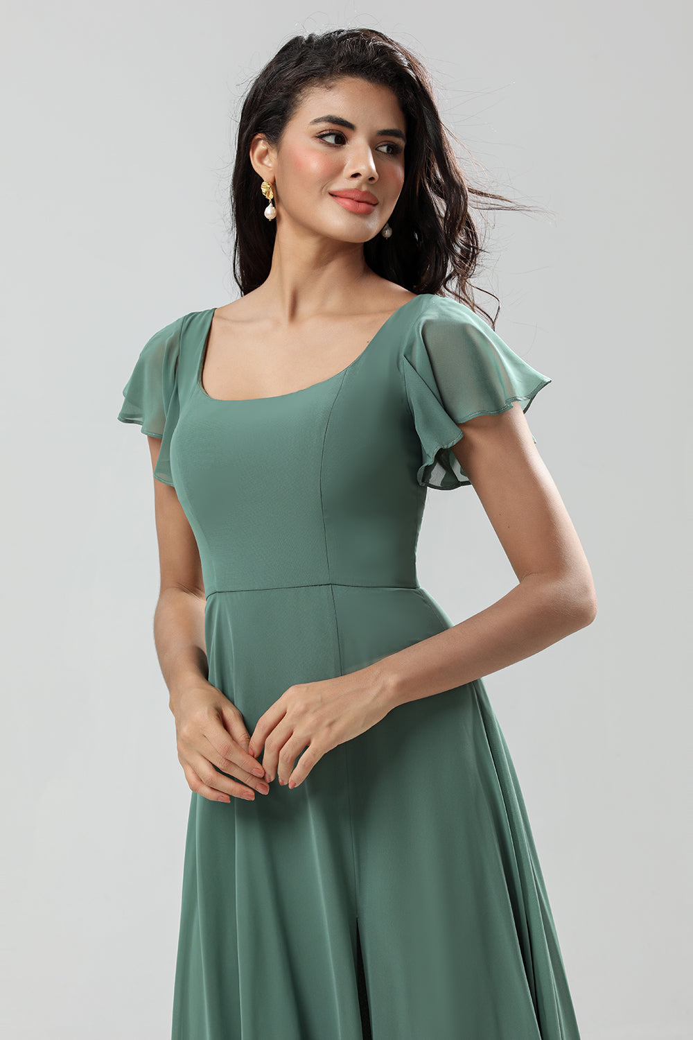 A-Linie Grünes langes Brautjungfernkleid mit Rüschen