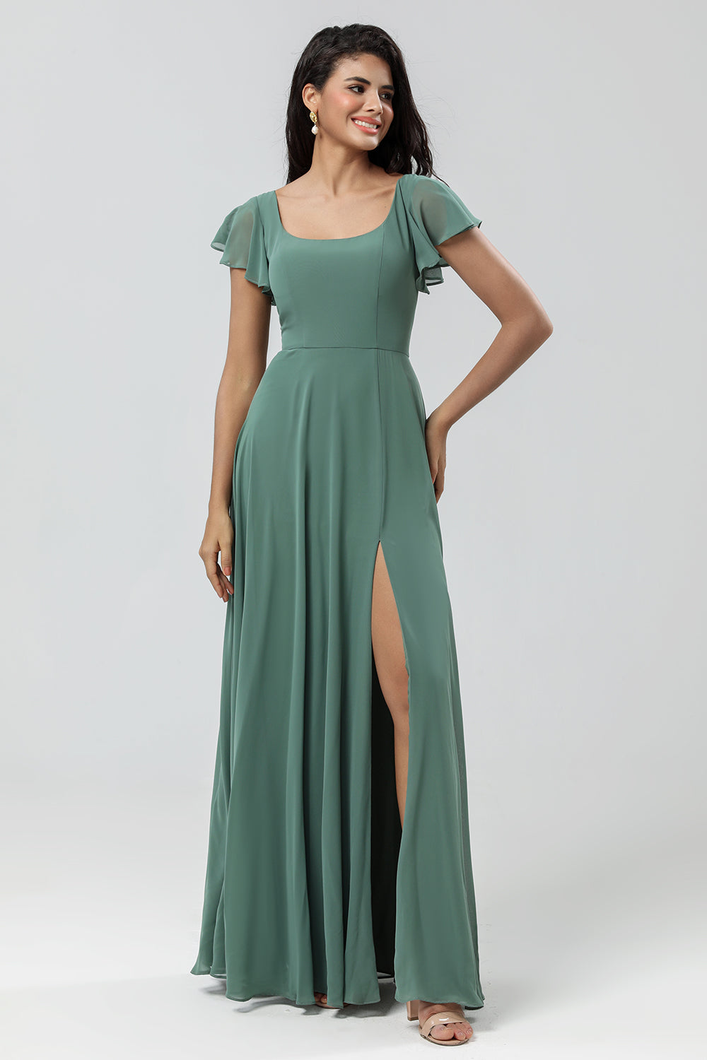 A-Linie Grünes langes Brautjungfernkleid mit Rüschen