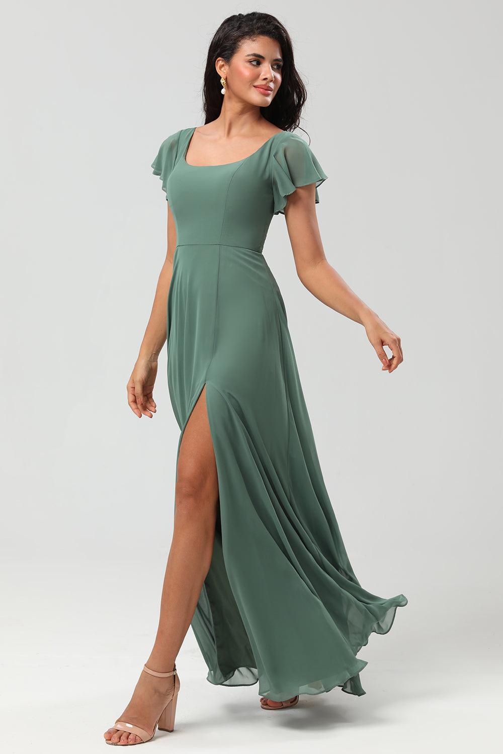 A-Linie Grünes langes Brautjungfernkleid mit Rüschen