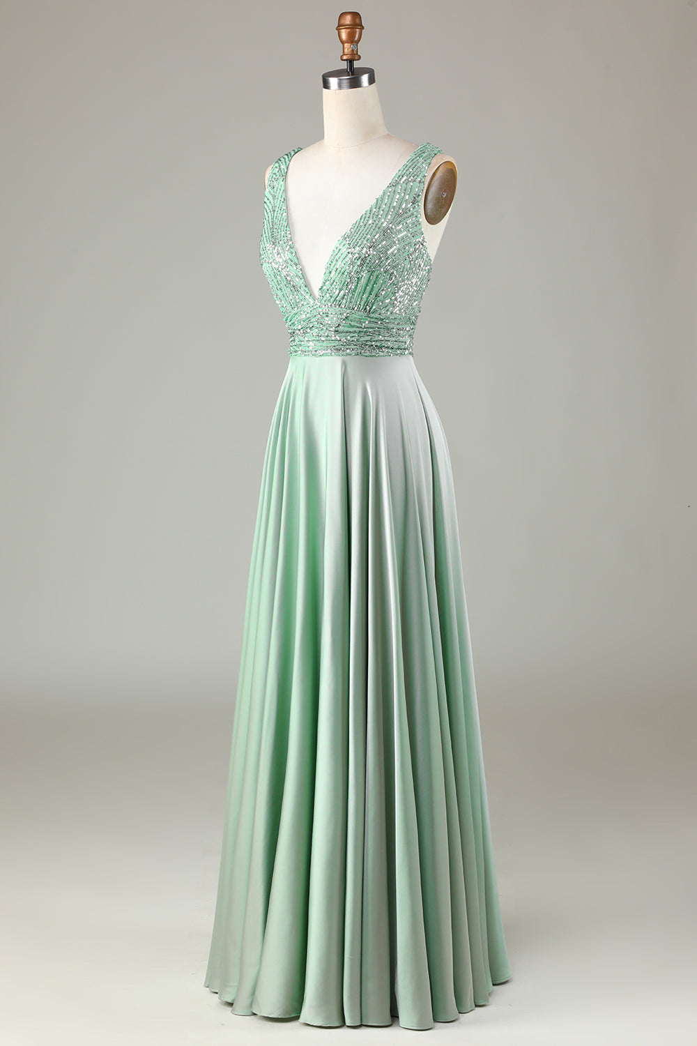 Glitzerndes Matcha Brautjungfernkleid mit V-Ausschnitt und Pailletten
