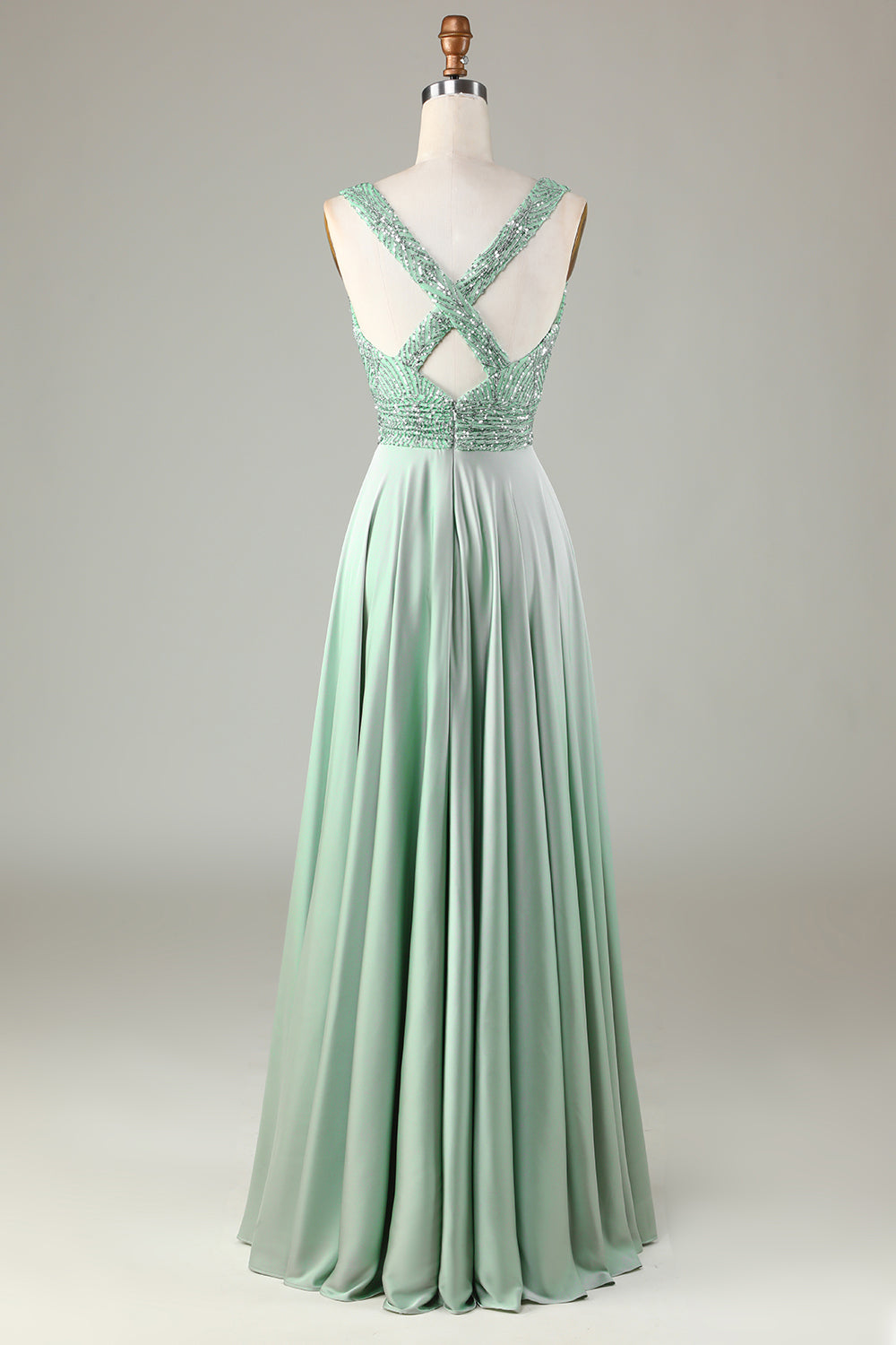 Glitzerndes Matcha Brautjungfernkleid mit V-Ausschnitt und Pailletten