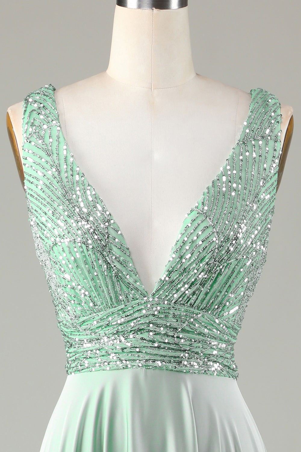 Glitzerndes Matcha Brautjungfernkleid mit V-Ausschnitt und Pailletten
