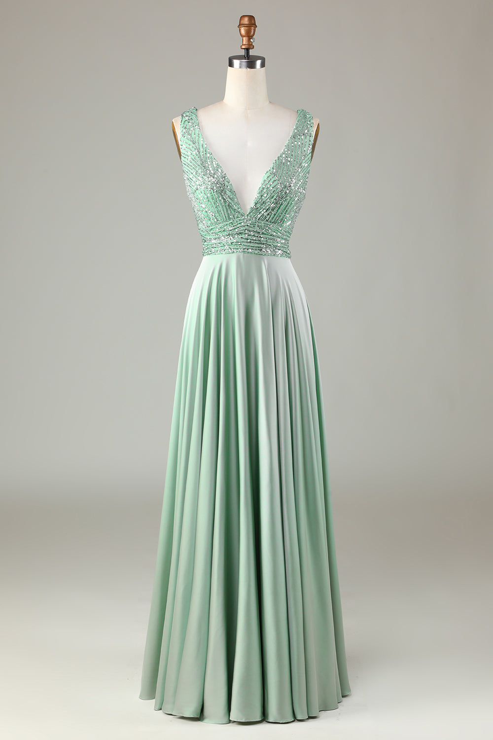 Glitzerndes Matcha Brautjungfernkleid mit V-Ausschnitt und Pailletten
