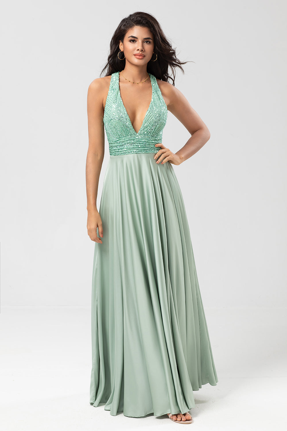 A Linie V-Ausschnitt Matcha Langes Brautjungfernkleid mit Perlen