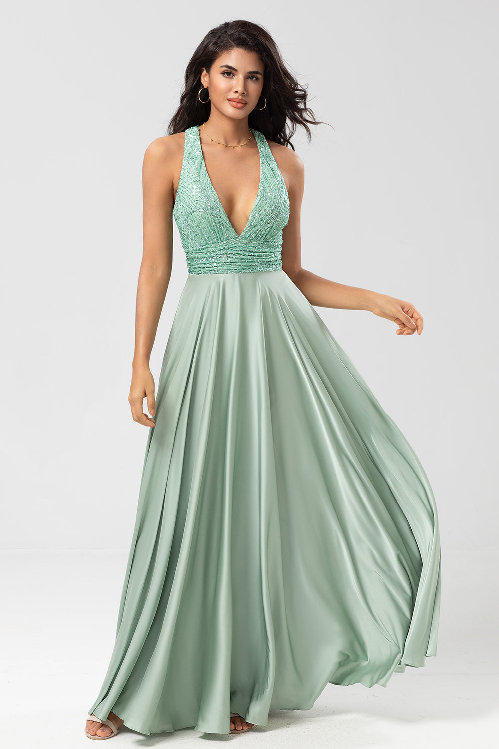 A Linie V-Ausschnitt Matcha Langes Brautjungfernkleid mit Perlen
