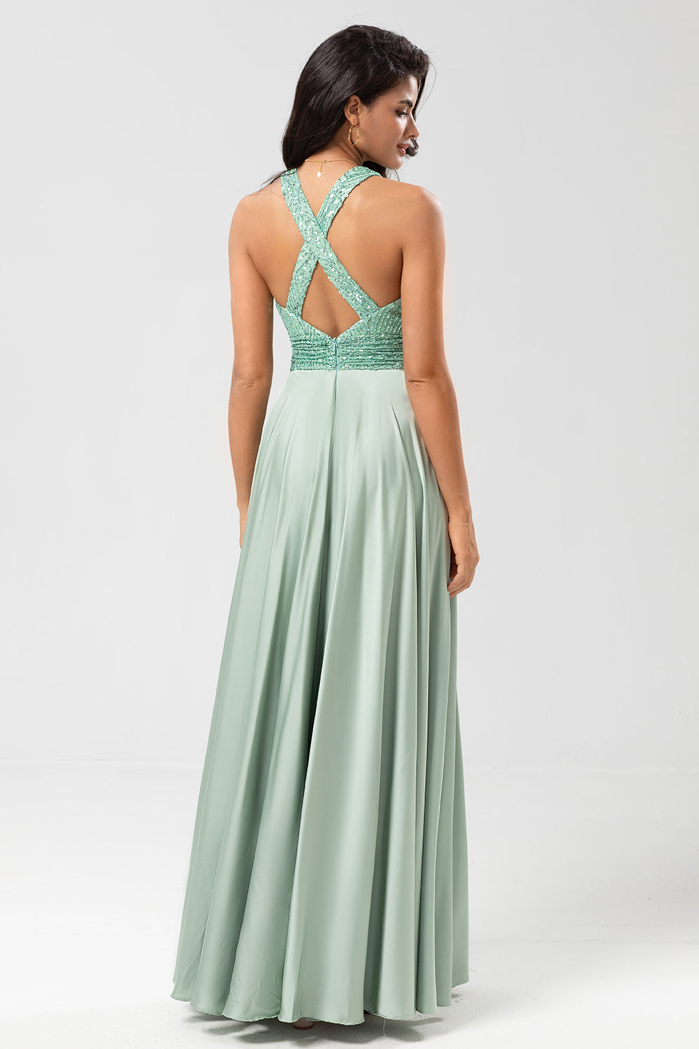 A Linie V-Ausschnitt Matcha Langes Brautjungfernkleid mit Perlen