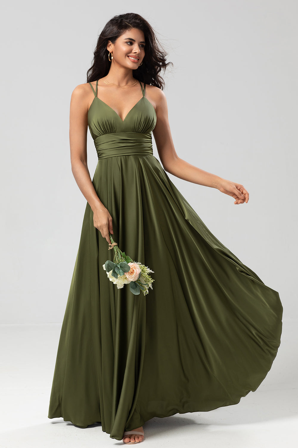 ZAPAKA Damen Olive Langes Brautjungfernkleid A-Linie Spaghettiträger Hochzeitsgast Kleid