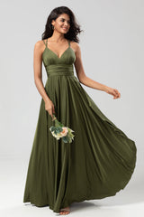 ZAPAKA Damen Olive Langes Brautjungfernkleid A-Linie Spaghettiträger Hochzeitsgast Kleid