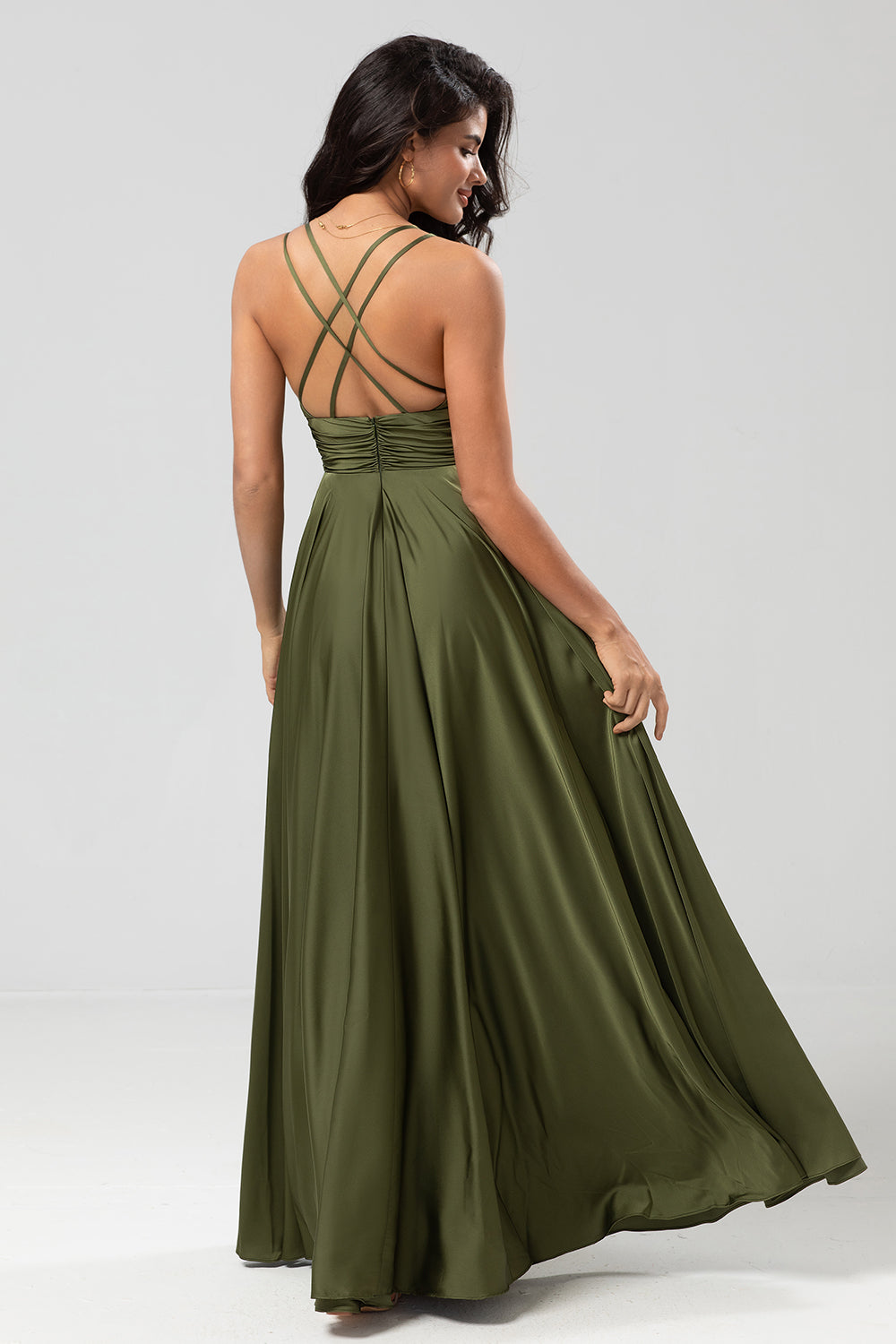 A Linie Spaghettiträger Olivgrünes Langes Brautjungfernkleid mit Rüschen
