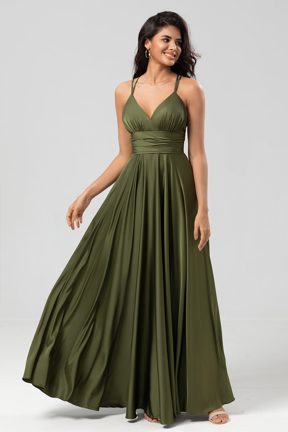 A Linie Spaghettiträger Olivgrünes Langes Brautjungfernkleid mit Rüschen
