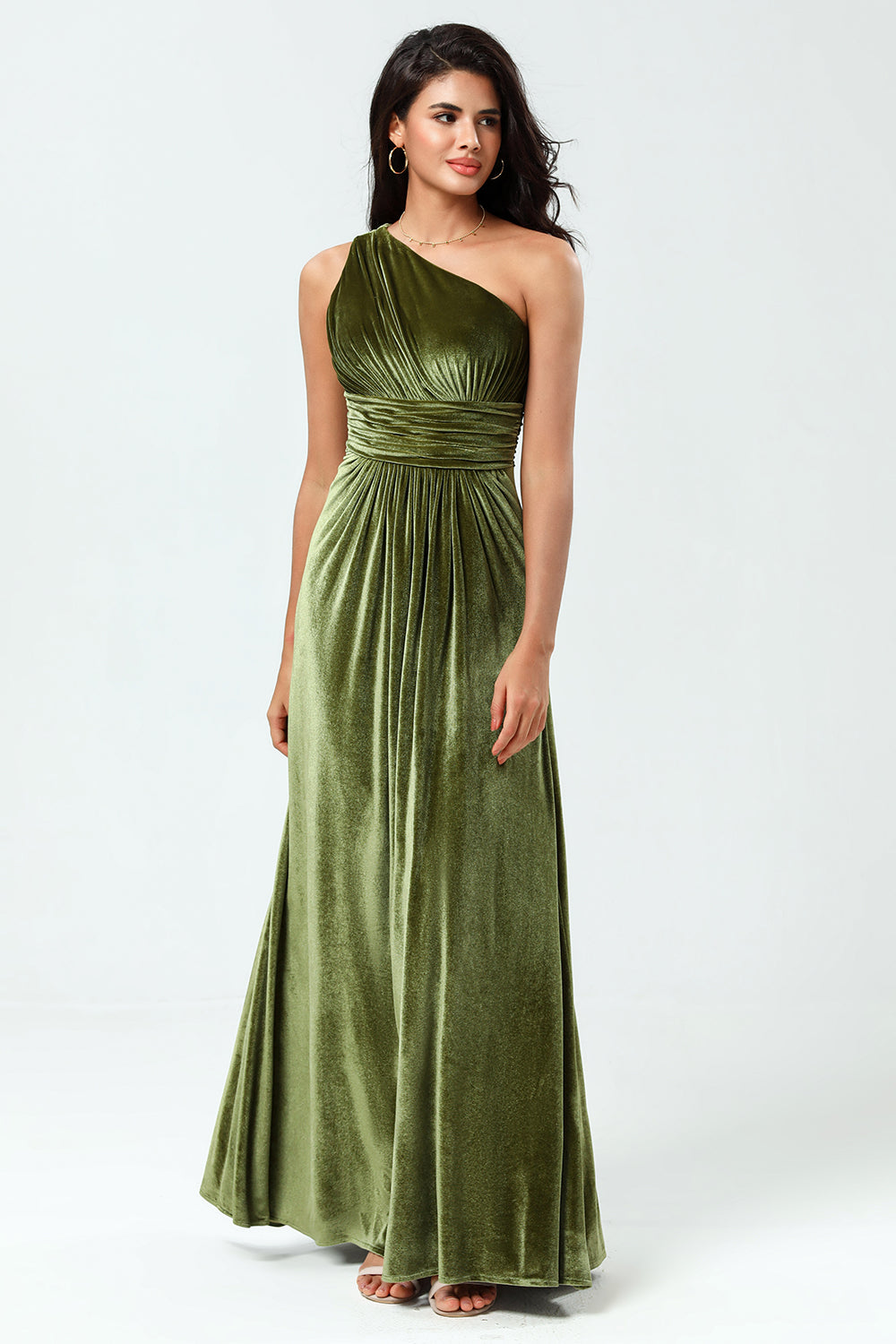 A Linie Eine Schulter Olive Samt Langes Brautjungfernkleid
