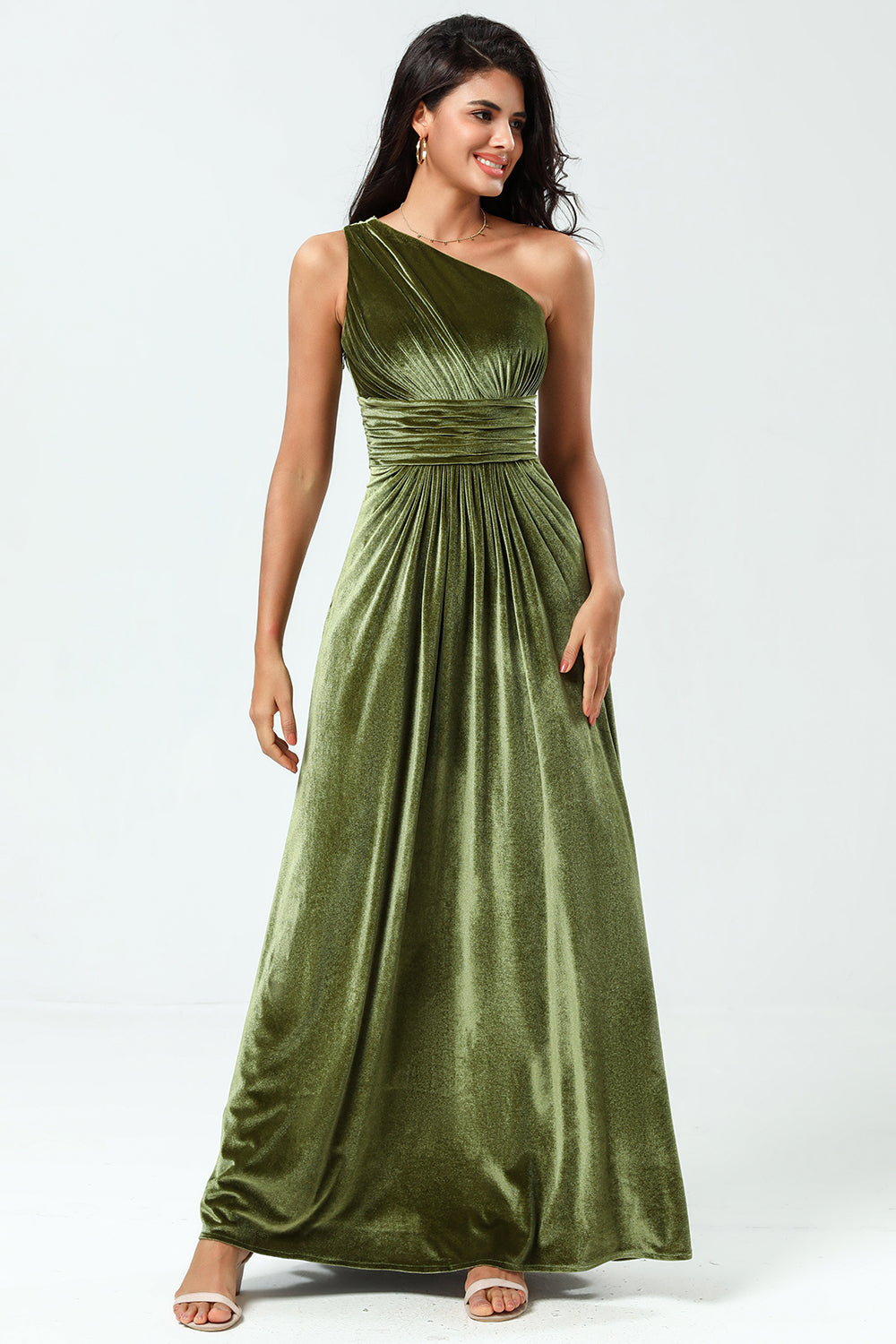 A Linie Eine Schulter Olive Samt Langes Brautjungfernkleid