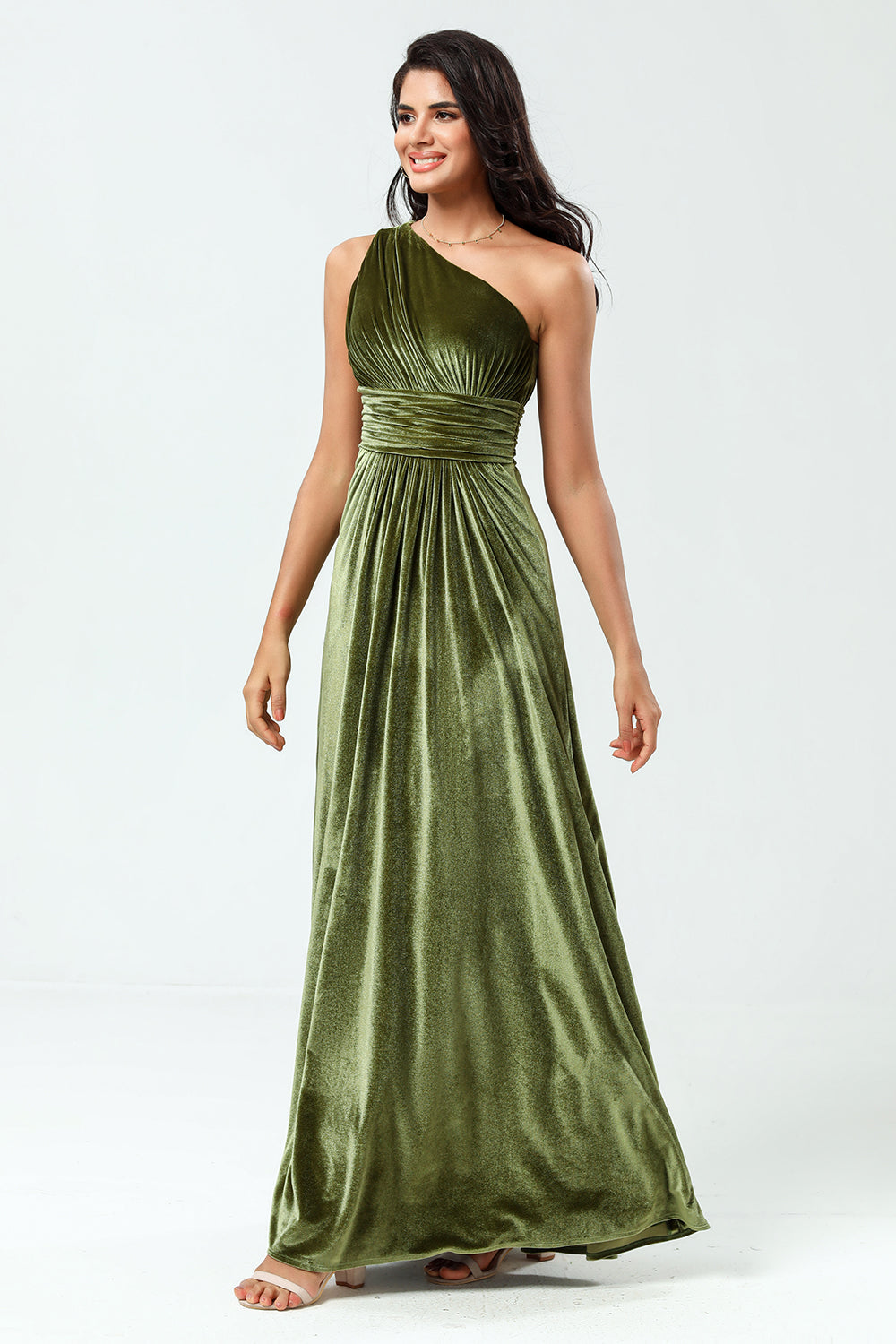 A Linie Eine Schulter Olive Samt Langes Brautjungfernkleid