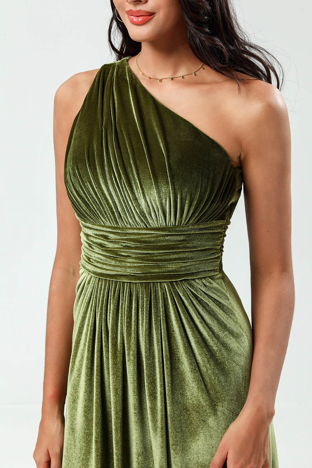 A Linie Eine Schulter Olive Samt Langes Brautjungfernkleid