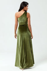 A Linie Eine Schulter Olive Samt Langes Brautjungfernkleid