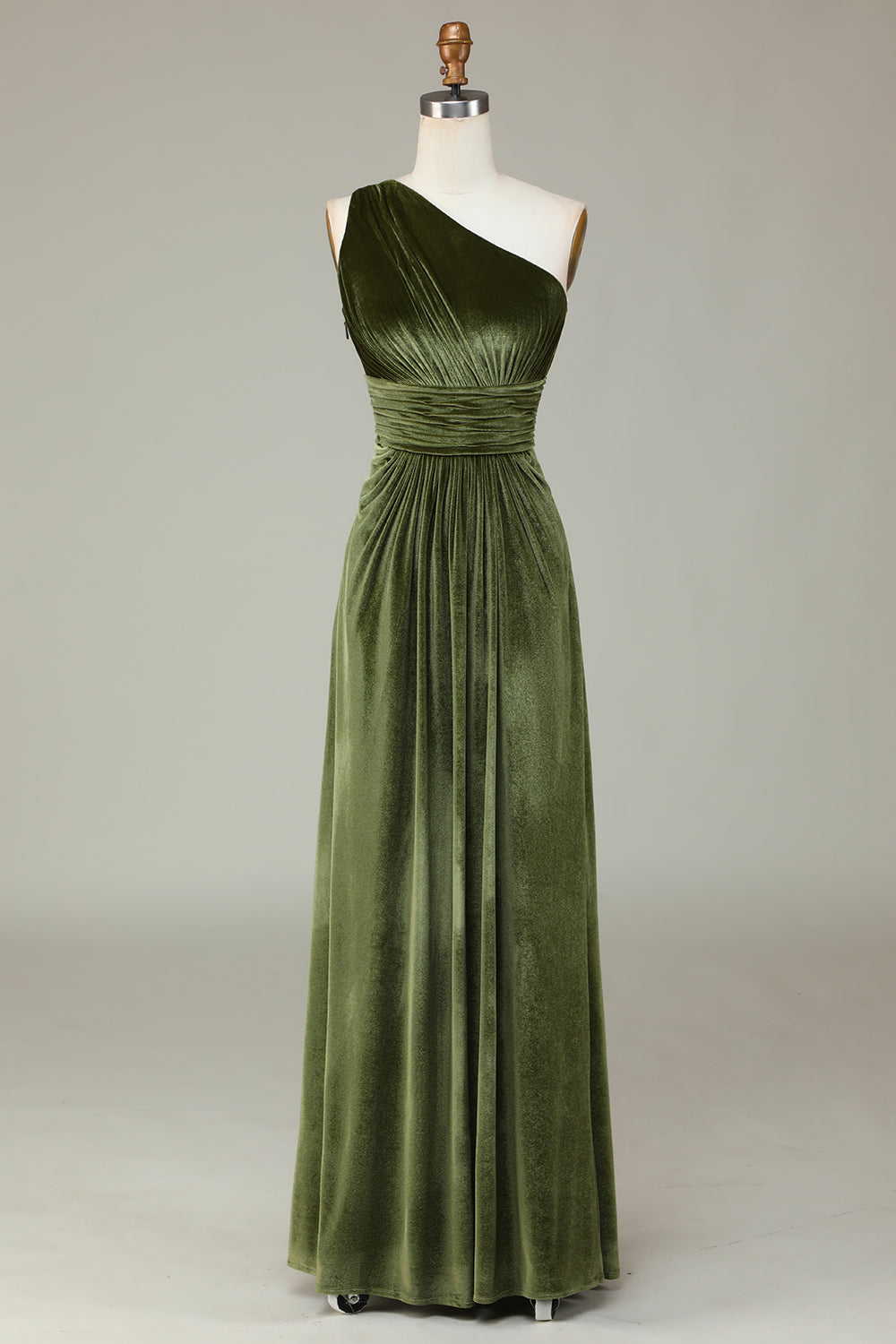 A Linie Eine Schulter Olive Samt Langes Brautjungfernkleid