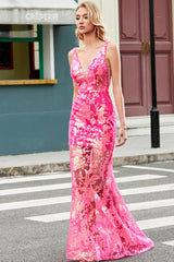 Glitzerndes Meerjungfrauen V-Ausschnitt fuchsia Pailletten Langes Ballkleid mit Applikationen