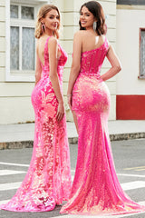 Glitzerndes Meerjungfrauen V-Ausschnitt fuchsia Pailletten Langes Ballkleid mit Applikationen
