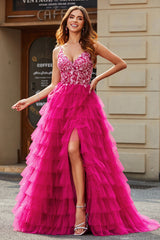 Wunderschönes A-Linie Spaghettiträger Fuchsia langes Ballkleid mit Applikationen und Rüschen