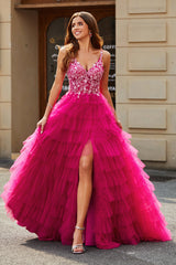 Wunderschönes A-Linie Spaghettiträger Fuchsia langes Ballkleid mit Applikationen und Rüschen