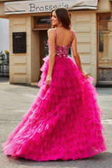 Wunderschönes A-Linie Spaghettiträger Fuchsia langes Ballkleid mit Applikationen und Rüschen