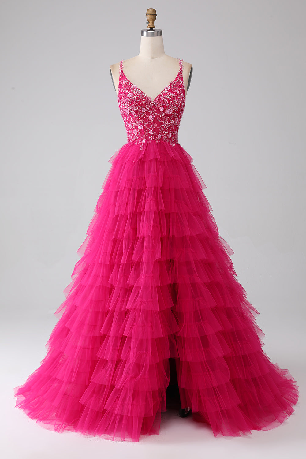 Fuchsia Prinzessin A-Linie Spaghettiträger Pailletten gestuftes langes Ballkleid mit Schlitz