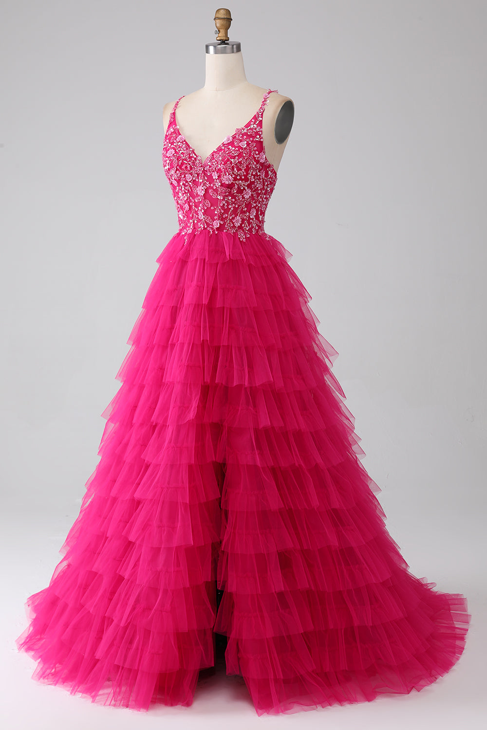 Fuchsia Prinzessin A-Linie Spaghettiträger Pailletten gestuftes langes Ballkleid mit Schlitz