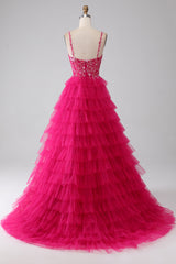 Fuchsia Prinzessin A-Linie Spaghettiträger Pailletten gestuftes langes Ballkleid mit Schlitz