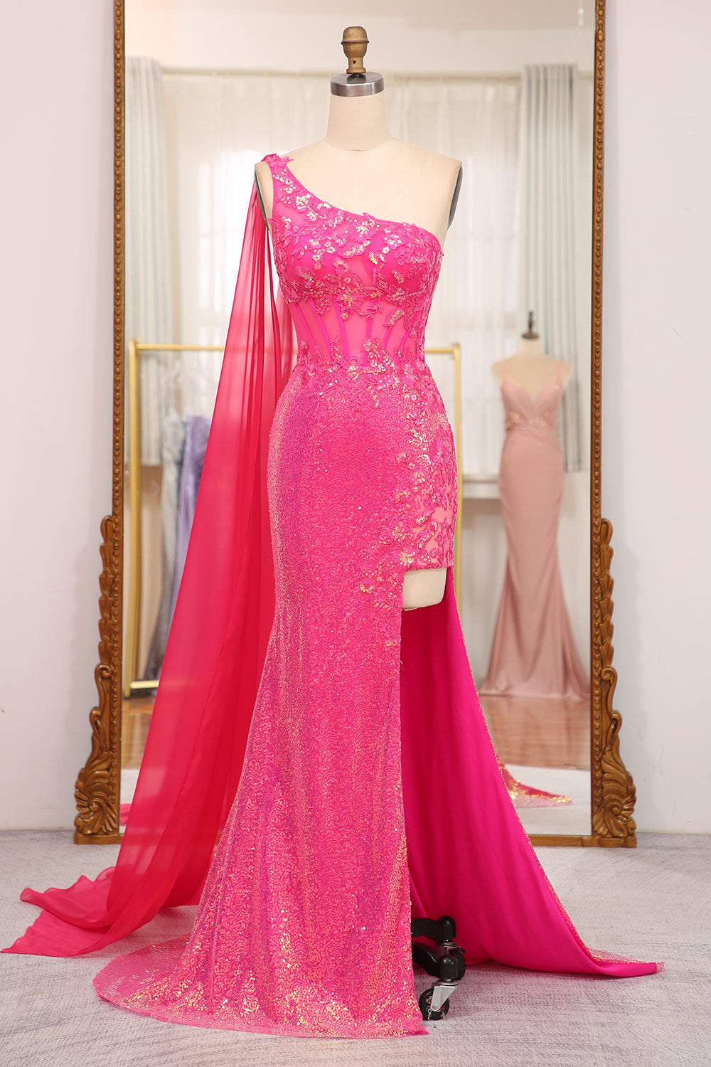 Meerjungfrauen Eine Schulter Fuchsia Pailletten langes Ballkleid mit Schlitz
