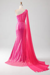 Glitzerndes fuchsia Meerjungfrauen Ballkleid mit Schulter applikationen und Schlitz