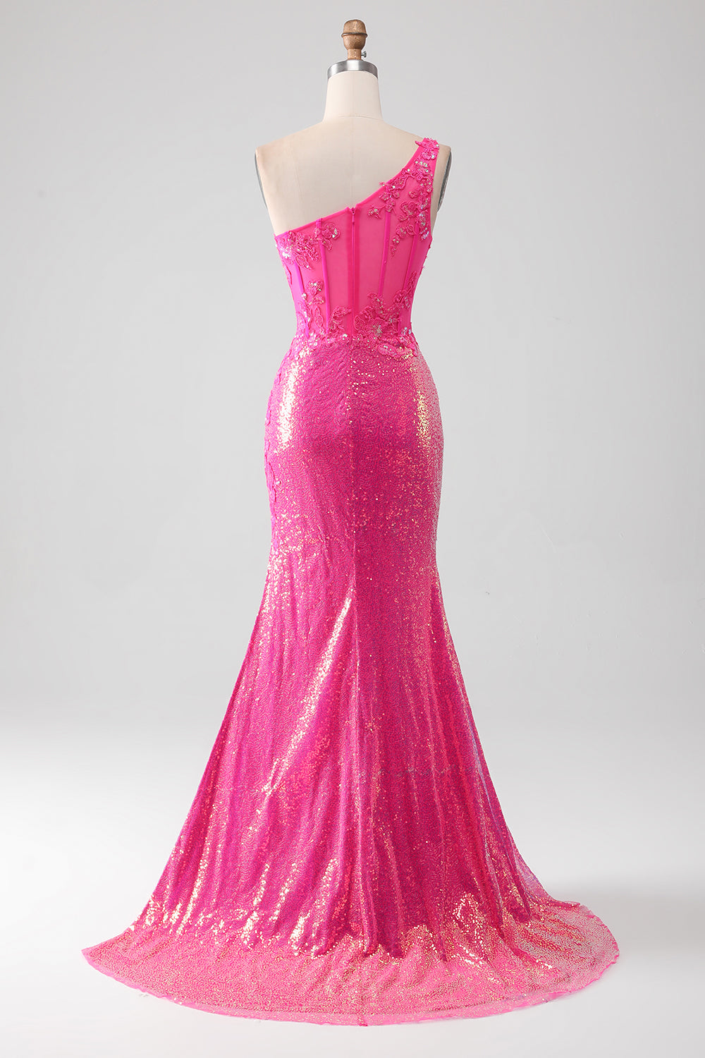 Glitzerndes fuchsia Meerjungfrauen Ballkleid mit Schulter applikationen und Schlitz
