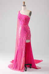 Glitzerndes fuchsia Meerjungfrauen Ballkleid mit Schulter applikationen und Schlitz