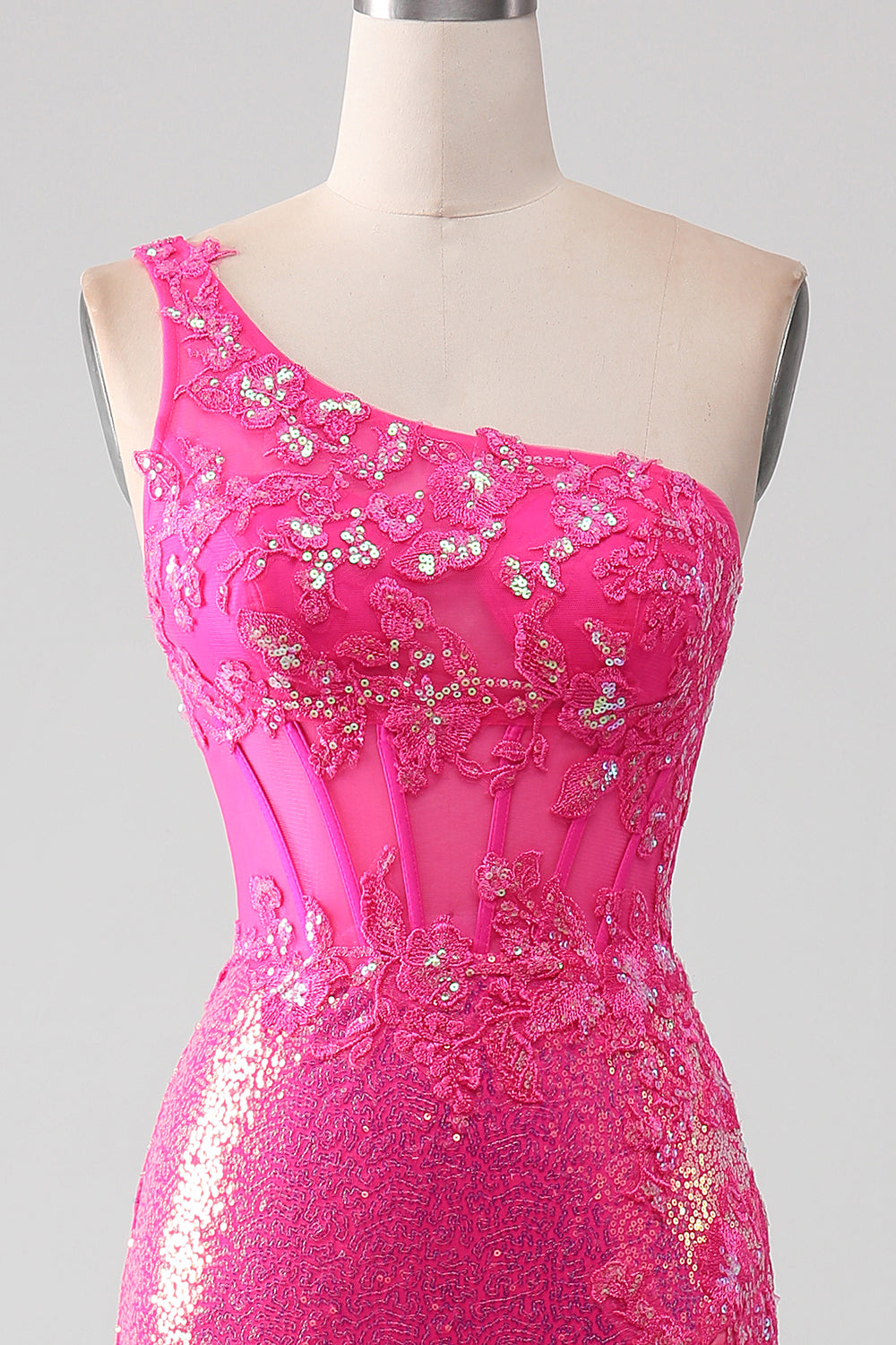 Glitzerndes fuchsia Meerjungfrauen Ballkleid mit Schulter applikationen und Schlitz