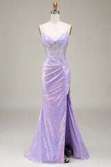 Funkelnd Mermaid Helles Lila Korsett Ballkleid mit Schlitz