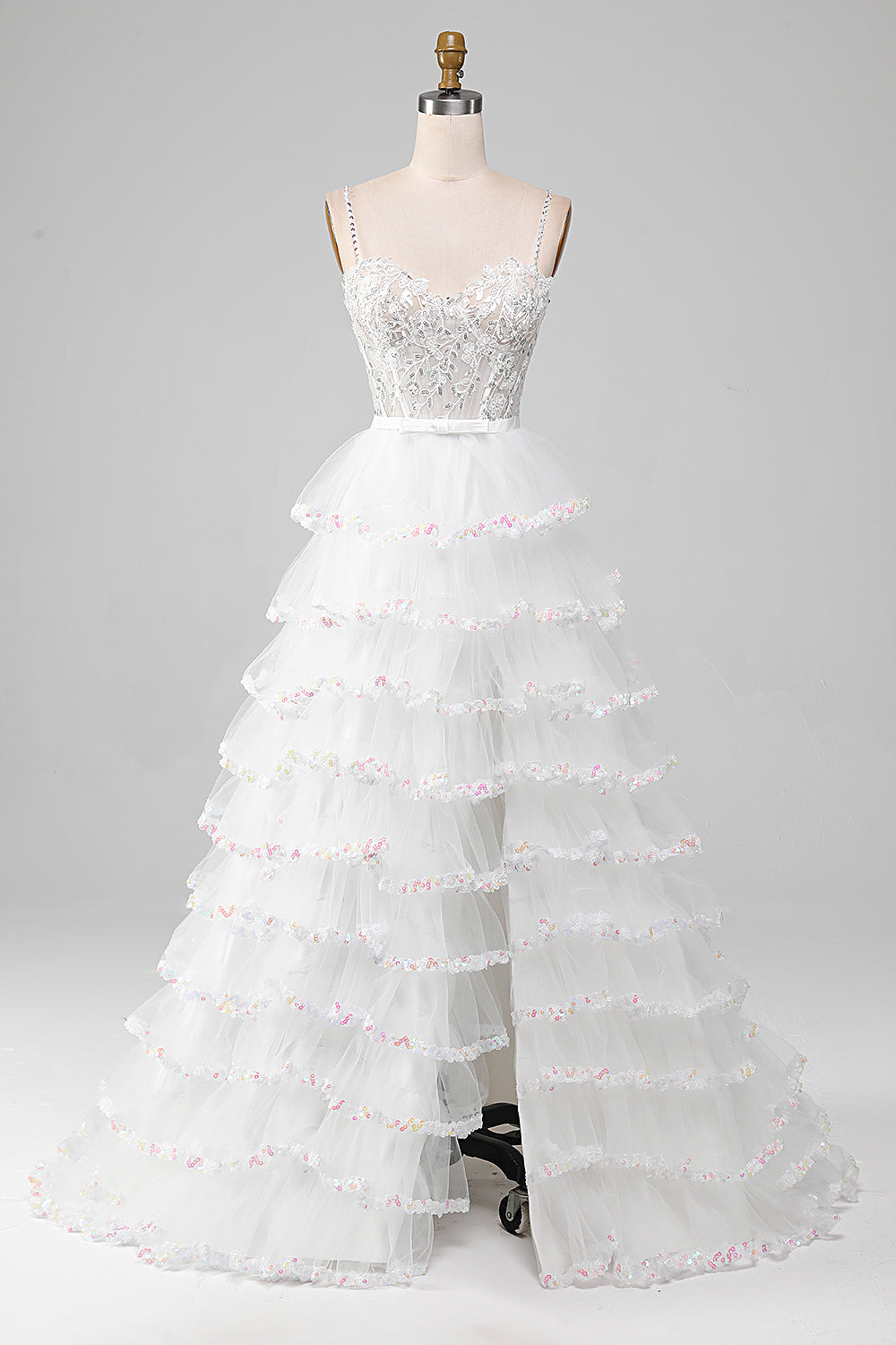 Weißes glitzerndes A-Linie Pailletten Rüschenrock Korsett Ballkleid mit Schlitz