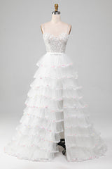 Weißes glitzerndes A-Linie Pailletten Rüschenrock Korsett Ballkleid mit Schlitz