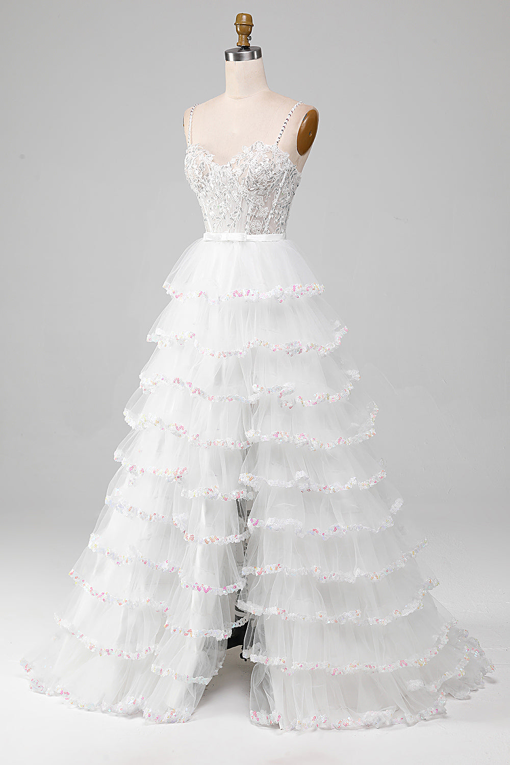 Weißes glitzerndes A-Linie Pailletten Rüschenrock Korsett Ballkleid mit Schlitz