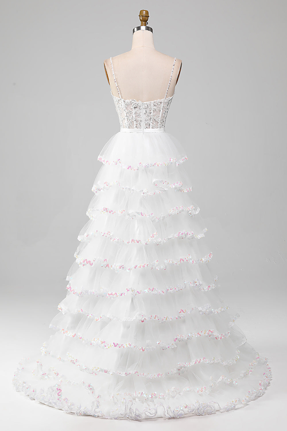 Weißes glitzerndes A-Linie Pailletten Rüschenrock Korsett Ballkleid mit Schlitz